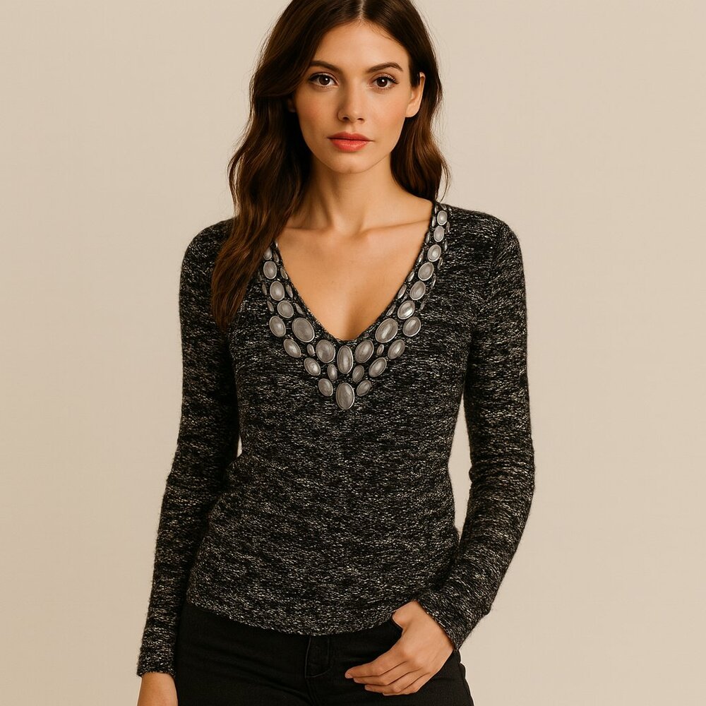 Vertigo Paris Vintage Grey Beaded Sweater Metallic Stone Embellished V Neck M